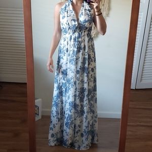 White and blue floral halter maxi dress